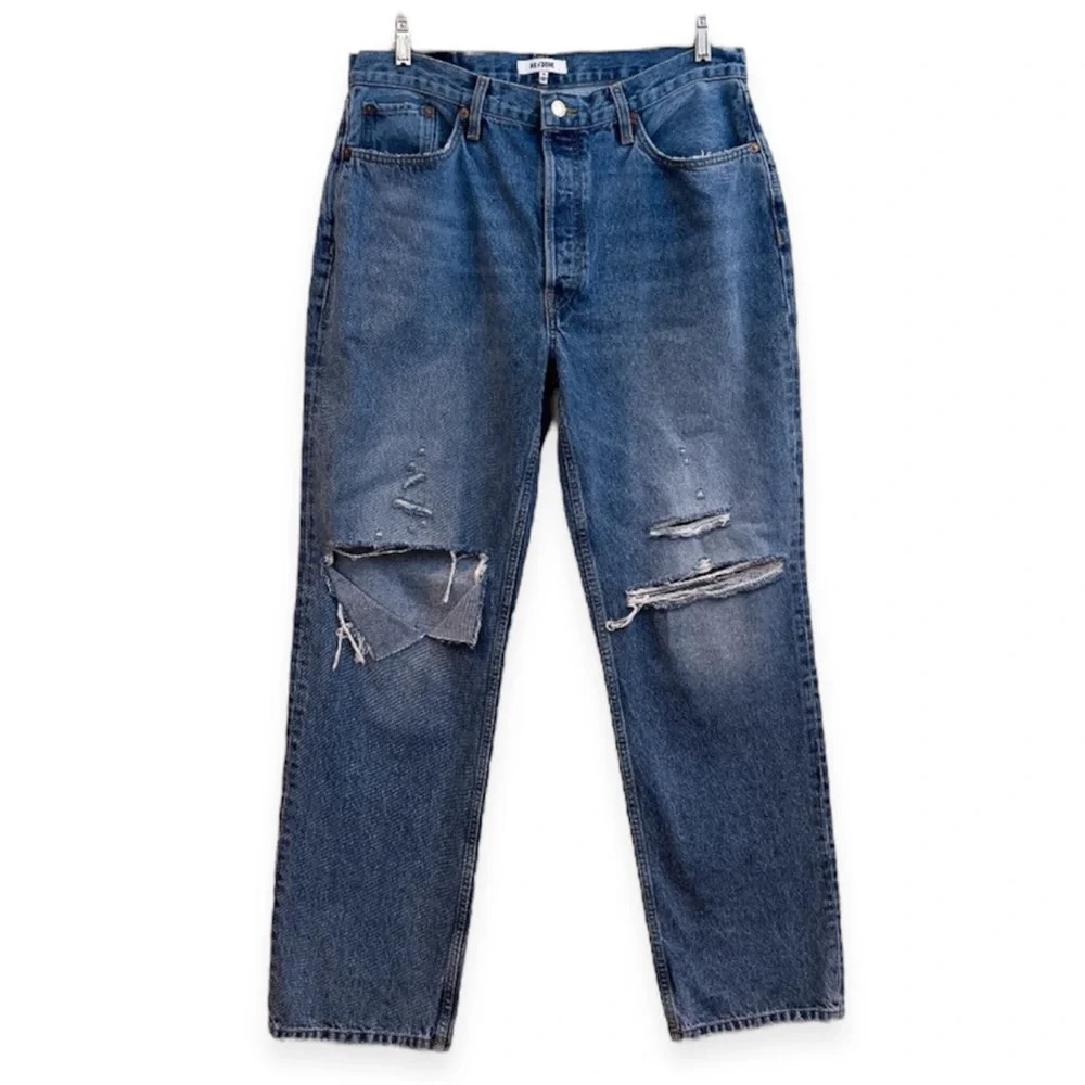 REDONE 90's Comfy High Waist Distressed Straight Leg Jean in Sunfaded Destroy 31